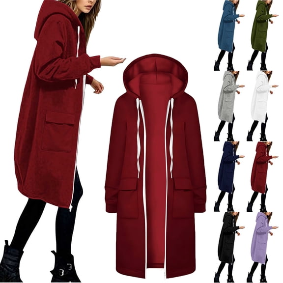 Smsaxvxz Women's Zip Up Hoodies Fall Fashion Solid Long Sleeve Sweatshirts Oversized Winter Cardigan Jacket Coat with Pocket Wine S