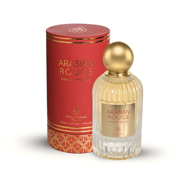 Maison Alhambra Baroque Rouge 540 Eau De Parfum Spray, a unisex fragrance designed for women, in a 3.4 oz (100 ml) bottle. The perfume is presented in a clear, ribbed glass bottle with a gold spherical cap and matching gold label, exuding elegance. It comes with a red cylindrical box featuring gold accents and intricate patterns, emphasizing its luxurious appeal.