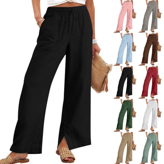 Byworldtasic Women's Wide Leg Linen Pants Casual Breathable Loose Trousers Elastic Waist Palazzo Pants with Pockets