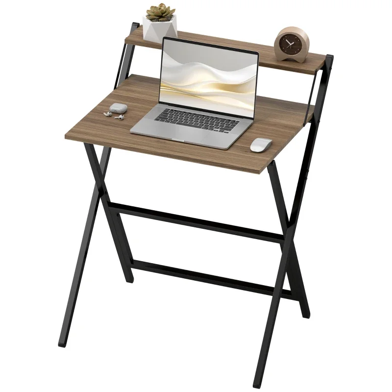27.6" Folding Computer Desk with Monitor Shelf, Foldable Writing Desk for Small Spaces, Home Office and Study, Walnut