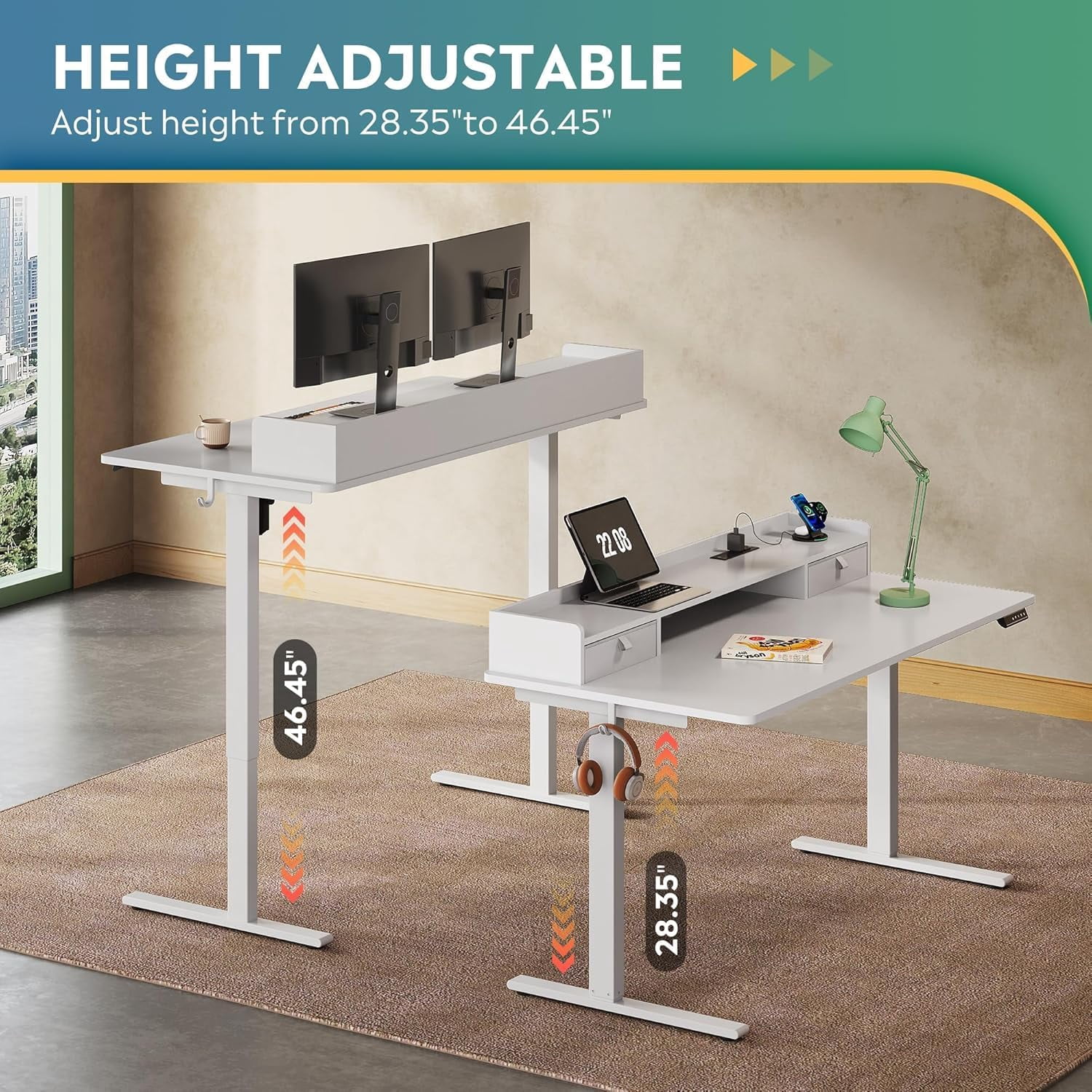 55×28 Inch Electric Standing Desk with Drawers, Computer Desk with 3 Adjustable Height, Storage Shelf and Built-in USB Outlet, Memory Preset, Sit to Stand Desk for Home Office, White