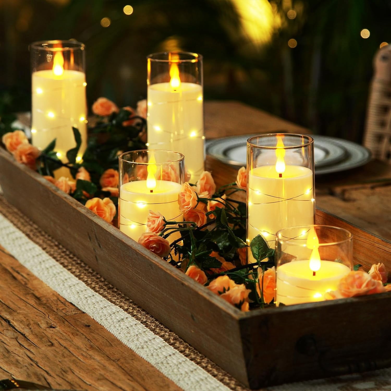 Homemory Pure White Flameless Candles with Embedded Star String Fairy Lights, Battery Operated Candles, LED Candles, Fake Candles with Remote Control and Timer, Set of 5(H4 5" 6" 8" 8")