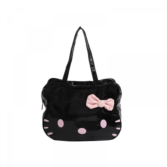 YIXIGGC Cartoon Hello Kitty Print Travel Organizer Bag - 12.4x9.06 Inch PU Glossy Tote, Waterproof Handbag for Women, Girls, Cosmetics & Accessories Storage (Black) CJ#419-3240