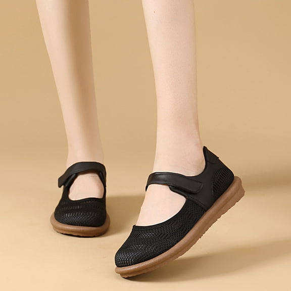 KEVCHE Mesh Soft Sole Shoes For Women Breathable Lightweight, Velcro Closure Footwear Easy On Off, Retro Lace Loafers Comfortable Cushioned, Non Slip Daily Walking Casual Work Flats