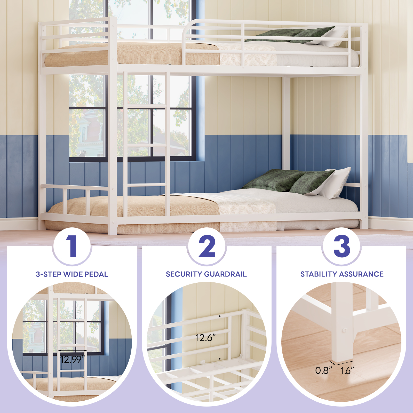 Miniyam Twin Over Twin Metal Bunk Bed Frame with Ladder and Guardrails, Heavy Duty Steel Design, No Box Spring Needed, White