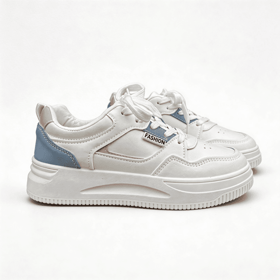 Women's Platform White Sneakers, Casual Low-Top Lace-Up Walking Shoes with Blue Pink Accents, Lightweight Non-Slip Fashion Sneakers for Daily, Travel, Work