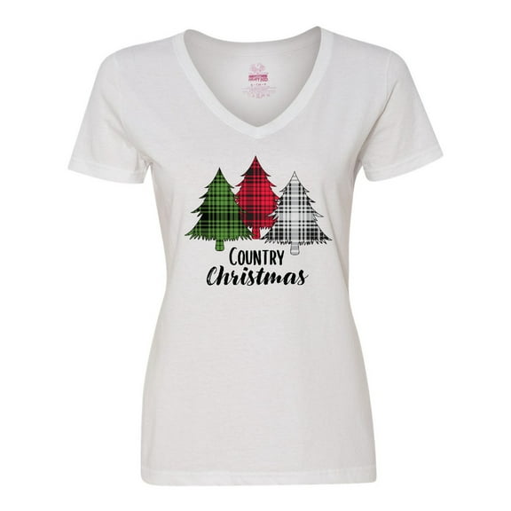 Inktastic Country Christmas Plaid Trees Women's V-Neck T-Shirt