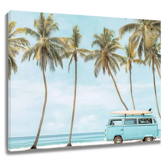 HVEST Summer Coastal Wall Art Tropical Palm Tree Canvas Wall Art Blue Car and Surfboard Framed Wall Decor for Living Room Bedroom Home, 10 X 8 inches