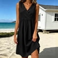 thumbnail image 2 of SAWOBUUN Womens Pleated Mini Dress V Neck Sleeveless High Waist Loose Fit Dress Breathable Cotton Blend Sundress, 2 of 6