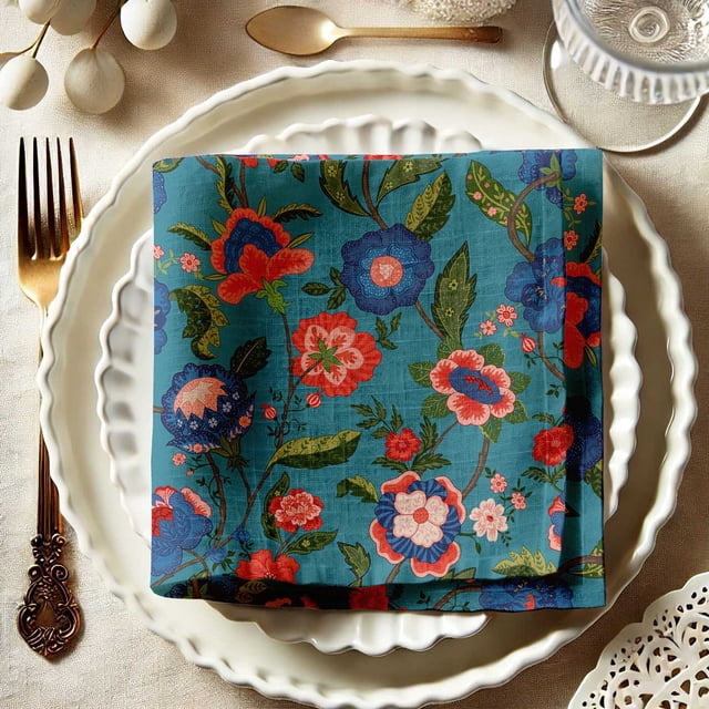 Vargottam Blue FloralDesign Cotton Muslin Napkins - Set of 12, 20-Inch, Luxurious Soft Cloth Napkins for Dining & Events, Absorbent, Washable & Tableware