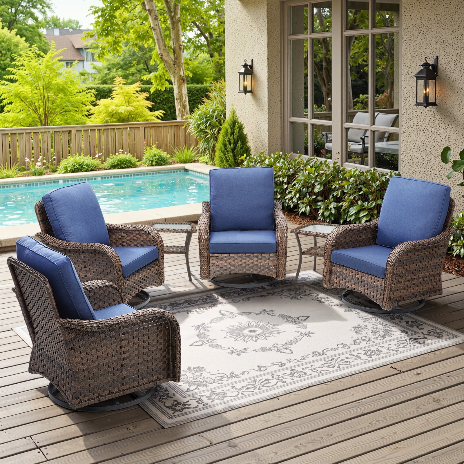 Bellefurn Outdoor Swivel Rocker Patio Chairs Set,6 Piece Furniture Set with 4 Swivel Rocking Chairs and Side Table All Weather Wicker Conversation Set for Porch Deck Garden Backyard