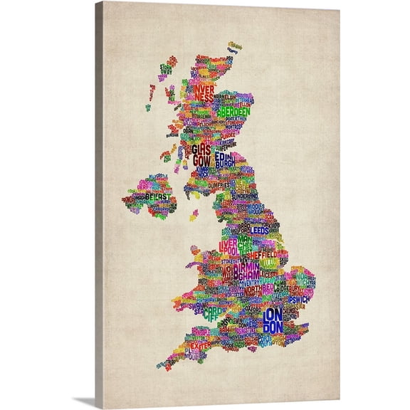 Great BIG Canvas | "Great Britain UK City Text Map, Colorful" Canvas Wall Art - 32x48