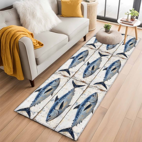 Blue Fish Kitchen Runner Rug 2x6 Washable Runners for Hallway Non Slip Vintage Oil Painting Beach Coastal Large Area Rug Indoor Floor Carpet for Bathroom Laundry Entryway Bedroom Living Room