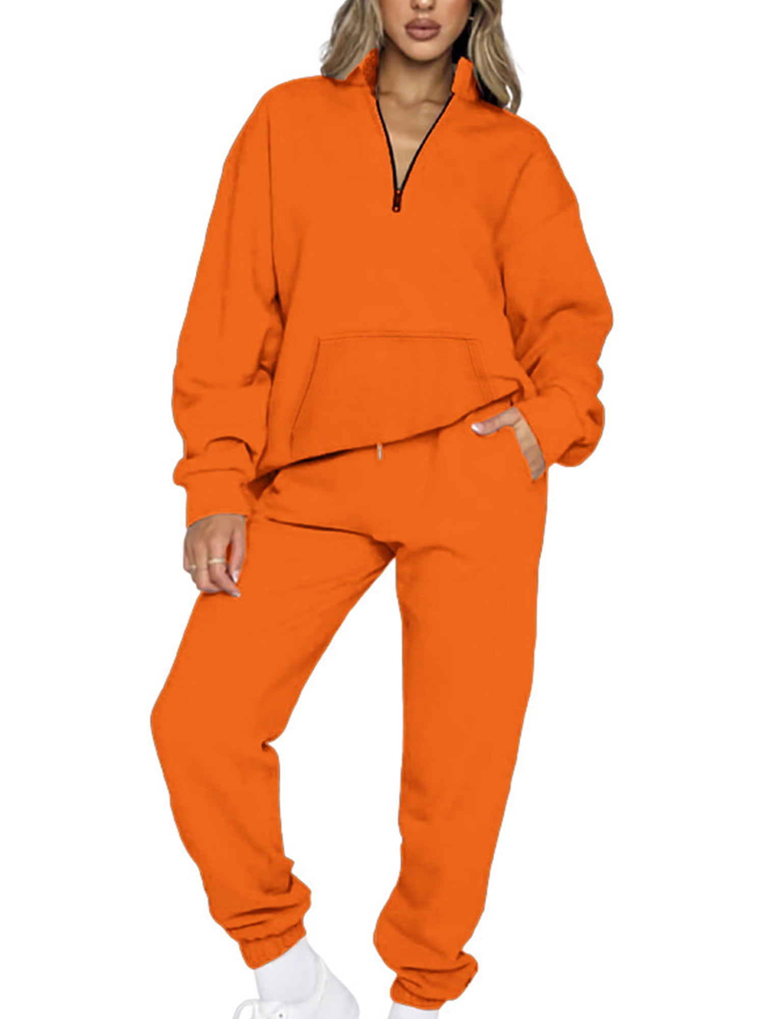 Niuer Ladies Sweatshirt And Sweatpant Pocket Two Piece Outfit Elastic Waist Sweatsuits Soft