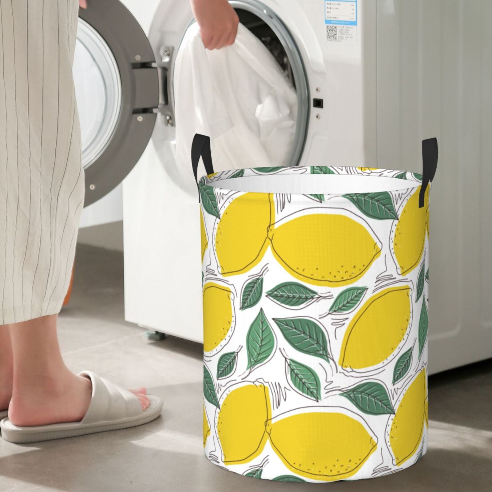 Large Laundry Basket with Handles - Cute Gold Lemon Leaves Kids Baby Dirty Clothes Laundry Hamper for Bedroom Aesthetic