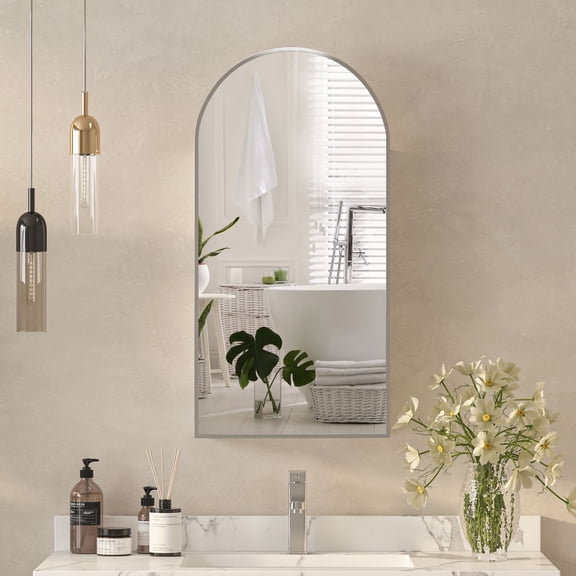 Arched Medicine Cabinets with Mirror,Wall Mounted Brushed Nickel Mirror Cabinet for Bathroom, Metal Edge,Arch Medicine Cabinet Mirror,Bathroom Mirror with Storage,16 x31 Inch