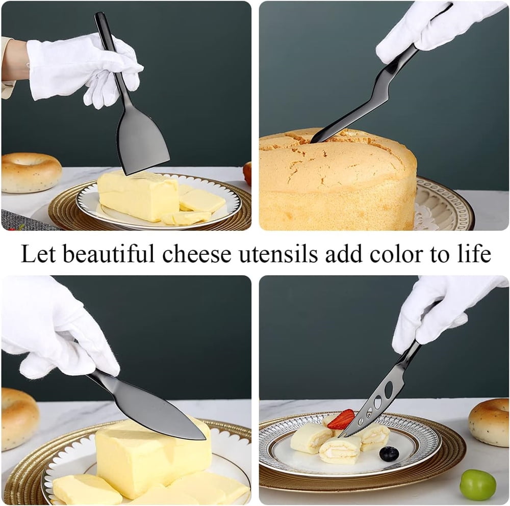 Cheese Knife Set of 5 for All Types of Cheese, NOGIS Stainless Steel Cheese Cutter Slicer Ergonomic Design for Confortable Grip and Cut, Butter Spreader Knife (Black)