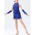 thumbnail image 4 of Alvivi Kids Girls Latin Ballroom Dancing Outfits Sleeveless Tassels Fringed Leotard Dresses with Gloves Royal Blue 11-12, 4 of 7