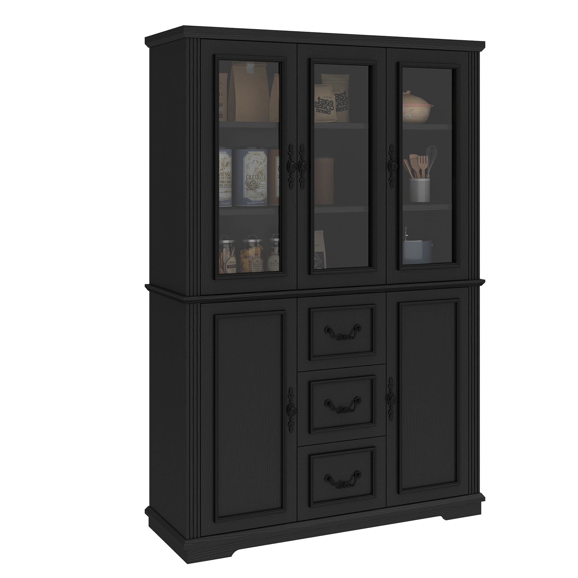 Dextrus 70" Tall Pantry Cabinet with Glass Doors, Modern Farmhouse Kitchen Pantry Storage Cabinet with Drawer, Black