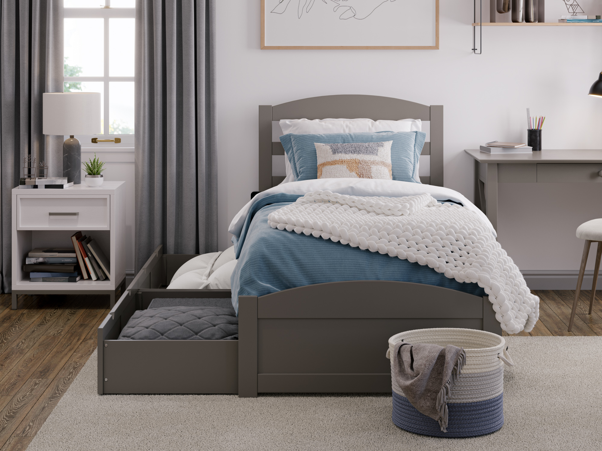 AFI Warren Twin XL Wood Platform Bed with Headboard Footboard & 2 Storage Drawers, Grey