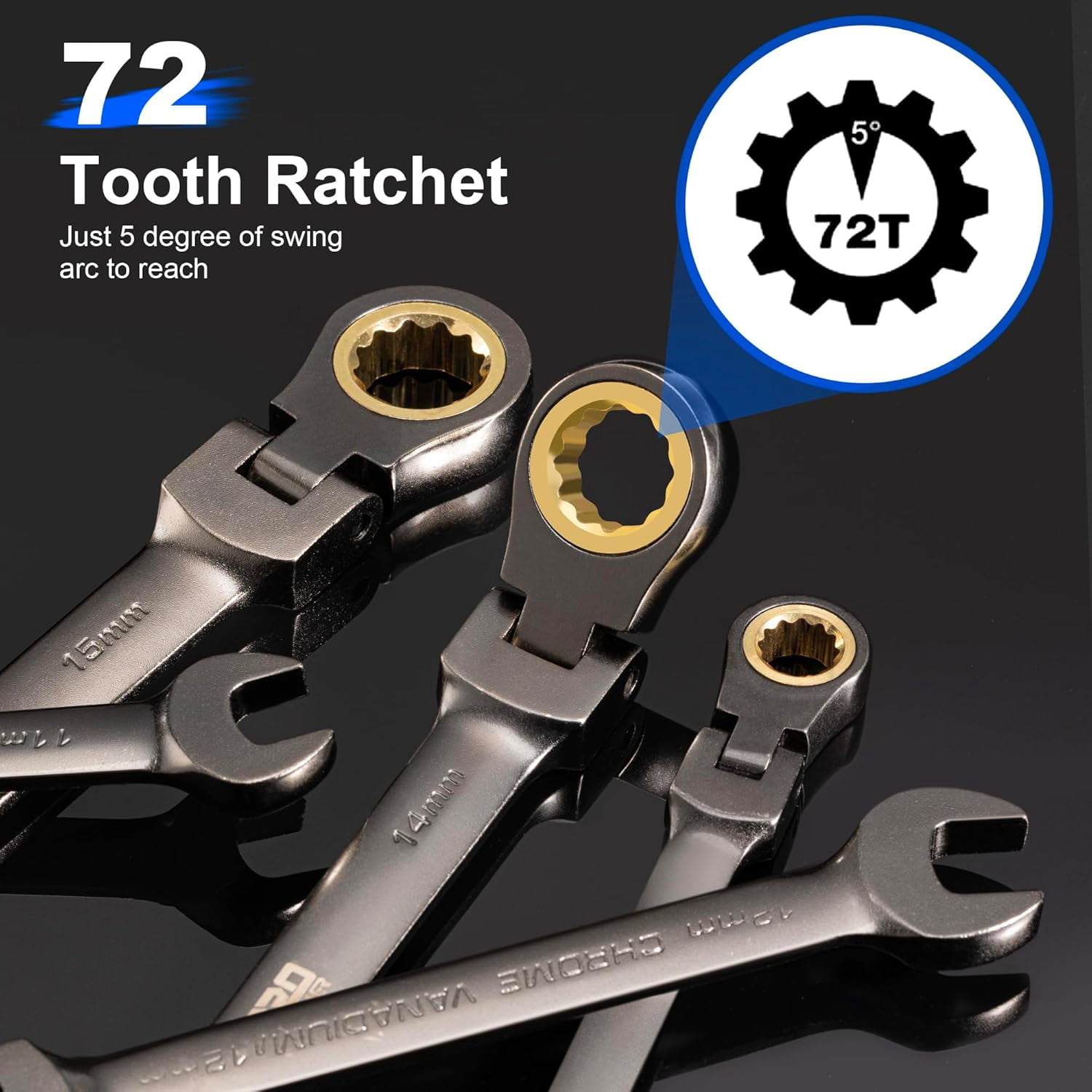9-Piece Metric Flex-Head Ratchet Wrench Set, Cr-V Constructed with Black Nickel Plating, 8-17mm Swivel Head Ratcheting Combination Wrench Kit with Rolling Pouch