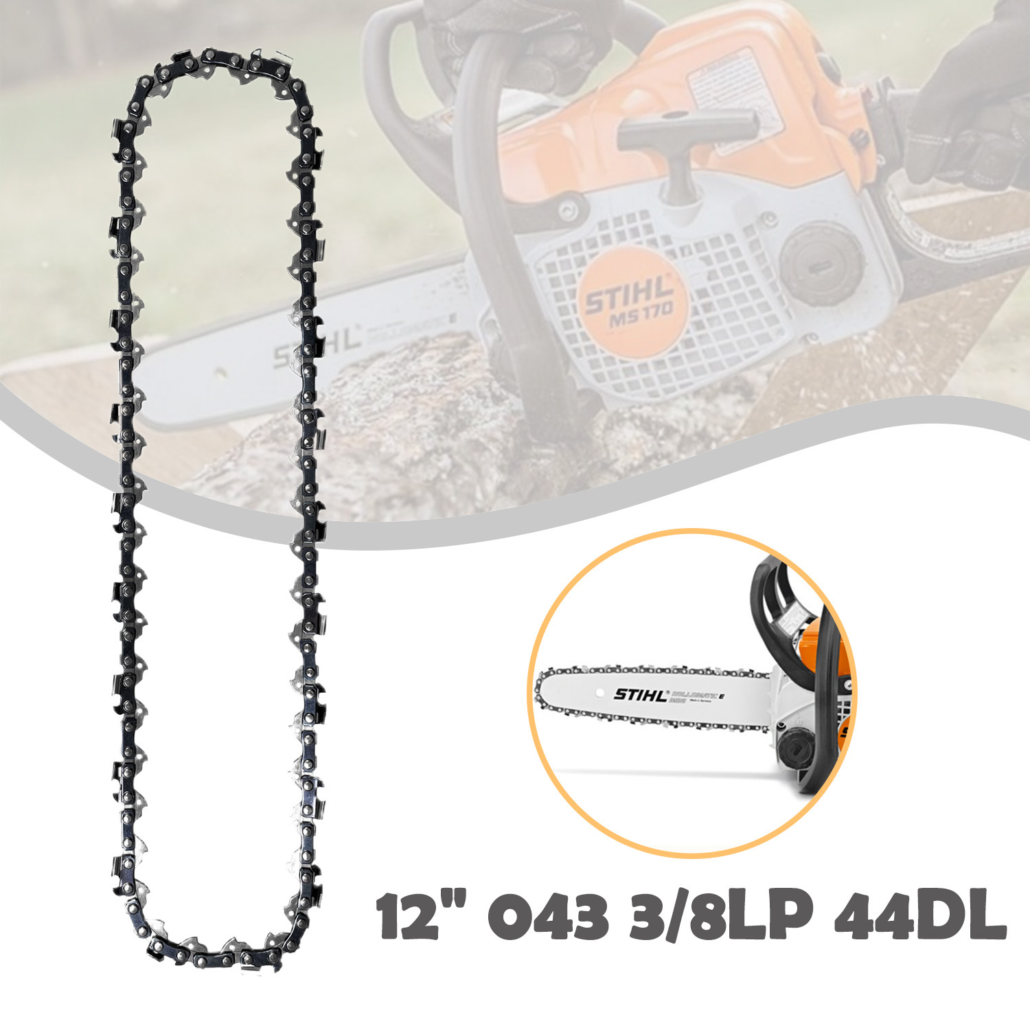 12 inch Chainsaw Chain 3/8" Pitch .043" Gauge 44 Drive Links