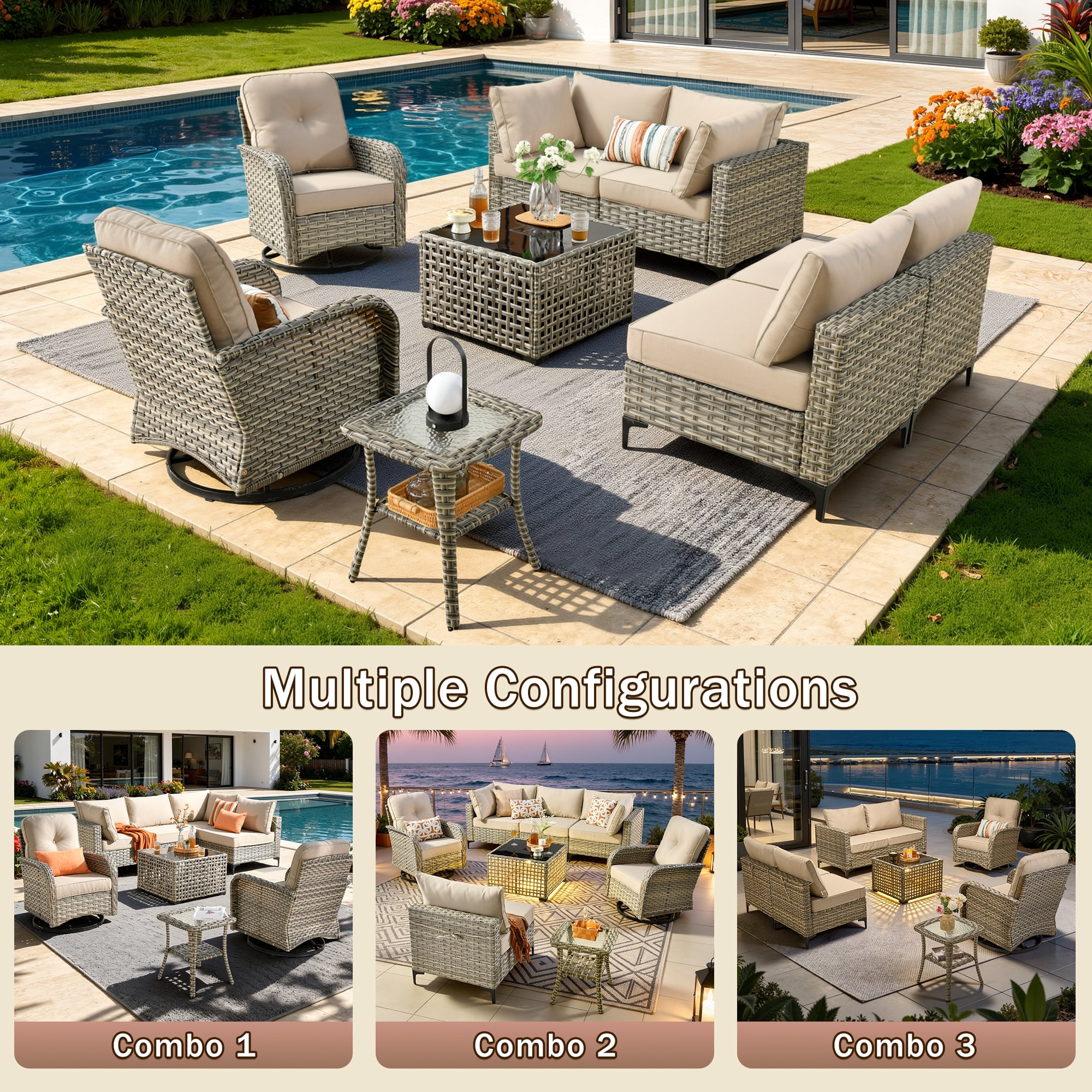 Vcatnet Outdoor Patio Furniture Sets 8 Pieces Sectional Sofa Wicker Conversation Set with Swivel Glider Chairs and Solar Powered Coffee Table for Porch, Deck, Beige