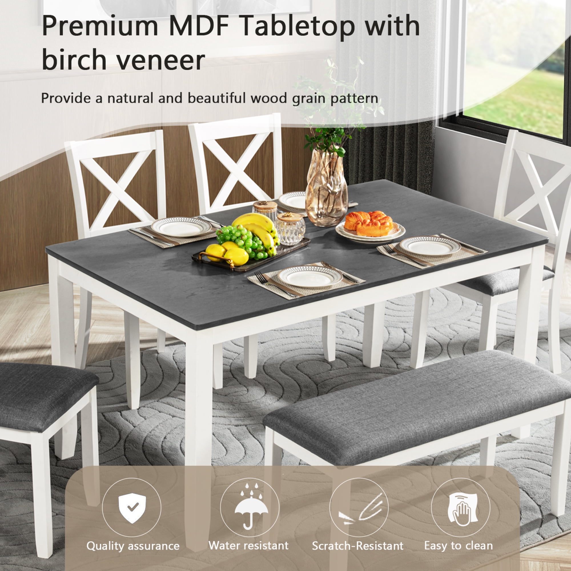 Leumius 6 Pieces Dining Table Set,Wood Dining Table Set with 4 Upholstered Chairs and a Bench,Modern Kitchen Table Set for 6 Person,White+Gray