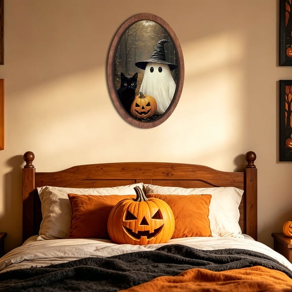 Oval Wooden Framed Halloween Ghost Wall Art 11.81x7.87 Inch Spooky Black Cat Pumpkin Vintage Wall Decor Plaque