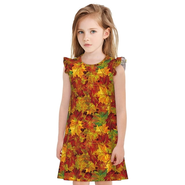 Fotbe Vintage maple leaf autumn Vestido de Dormir para Niñas de 3 a 10 Años, Mangas Cortas, Estilo Princesa, Pijama Camisón con Mangas Voladas-Medium