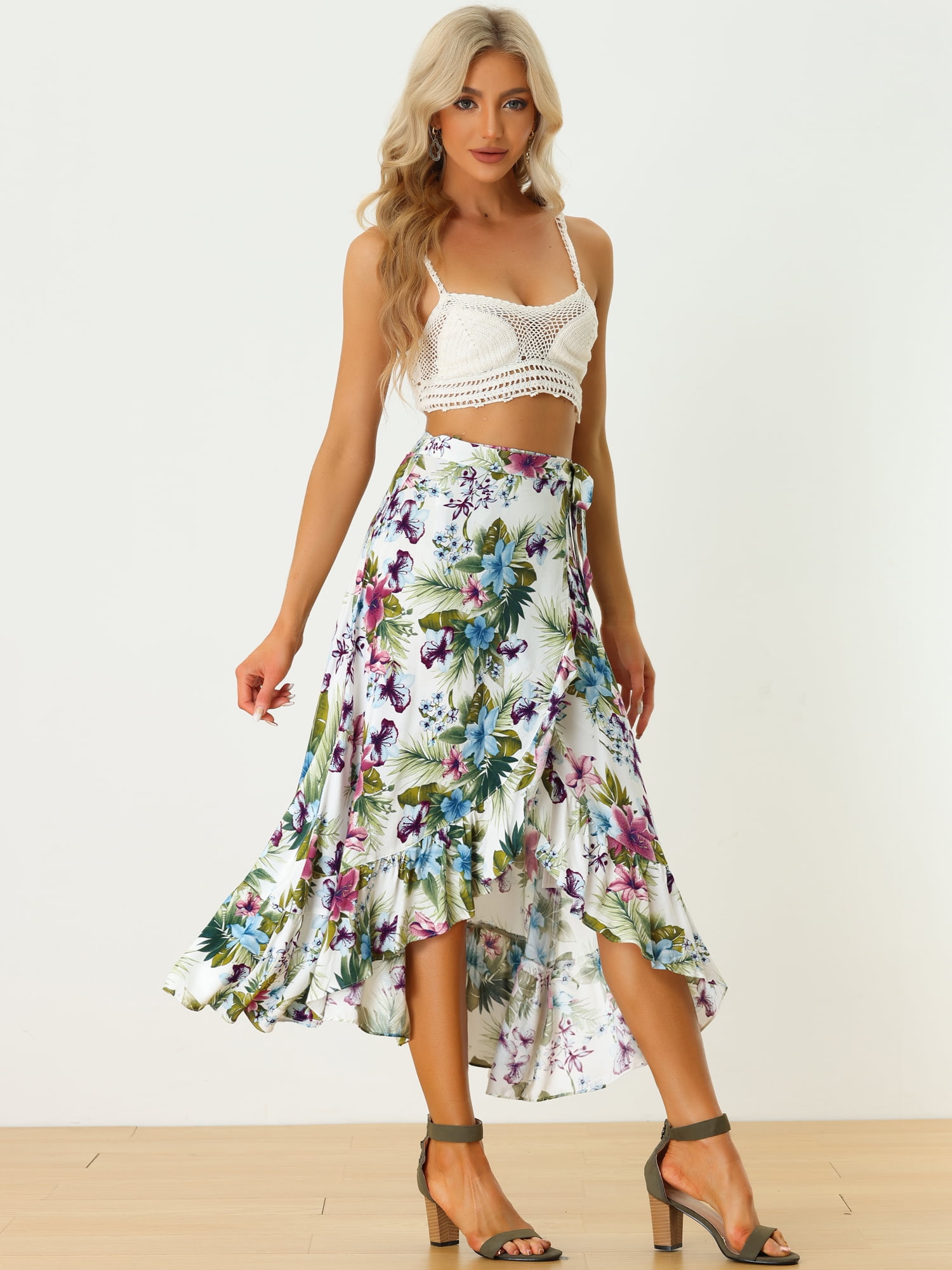 DARING DIVA Women's Ruffle Self Tie Knot Split Beach Wrap Midi Skirt S White