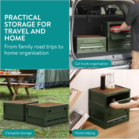Navaris Camping Storage Box, Green, Set of 2 - 35L Foldable Bin with Pine Wood Lid - Collapsible Folding Crate - Easy to Disassemble Plastic Storage Crates - Stackable with Wheels
