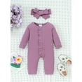 thumbnail image 2 of Kucnuzki Newborn Baby Girls Bodysuits 3-6 Months Winter Warm Clothes Round Neck Long Sleeves Romper Solid Color Knit Jumpsuits Button Bottom One-piece Overalls with Headband 2pcs Purple, 2 of 7