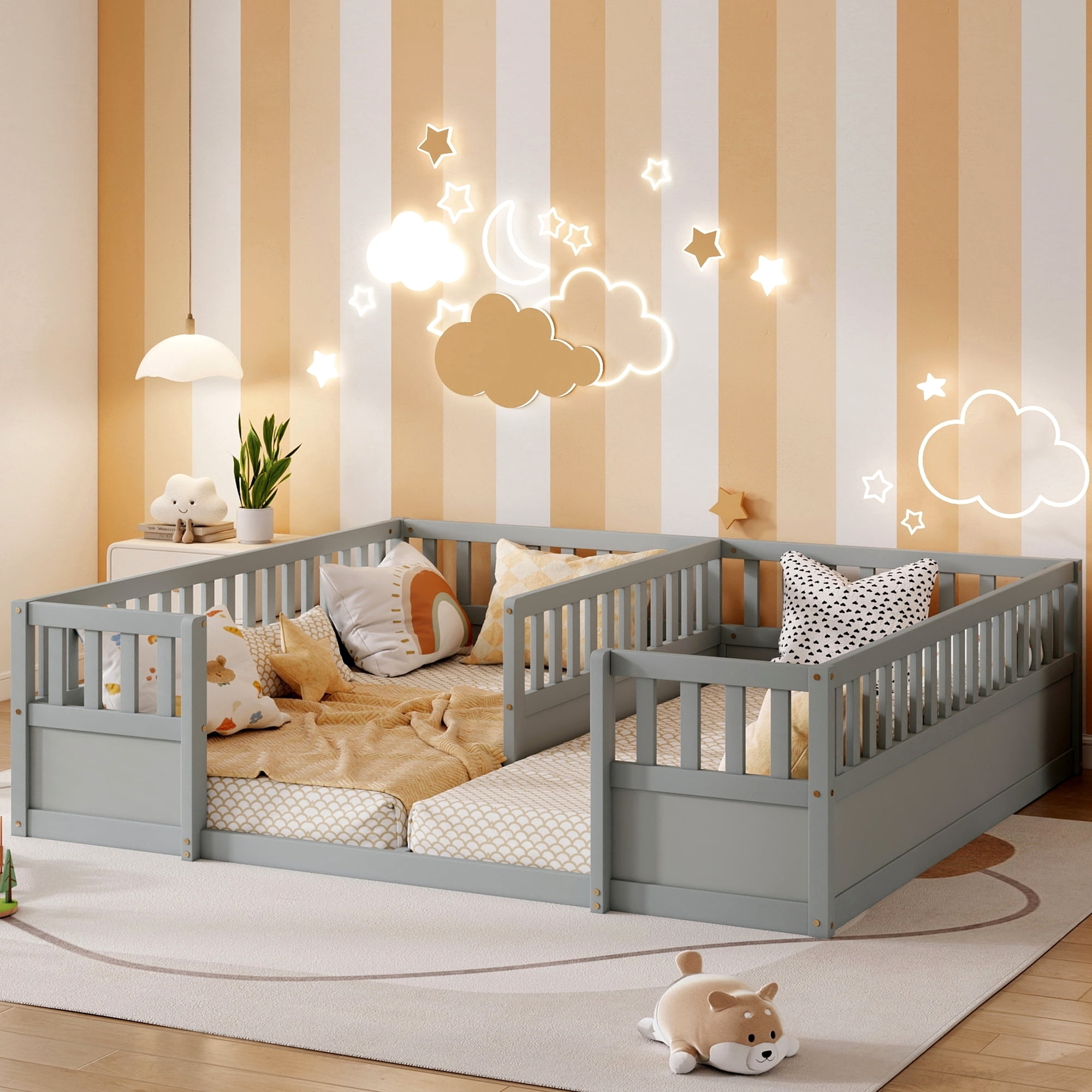 Leumius Double Pine Wood Twin Floor Bed with Semi-Enclosed Safety Guardrails, Open Entrance for Kids Bedroom Grey