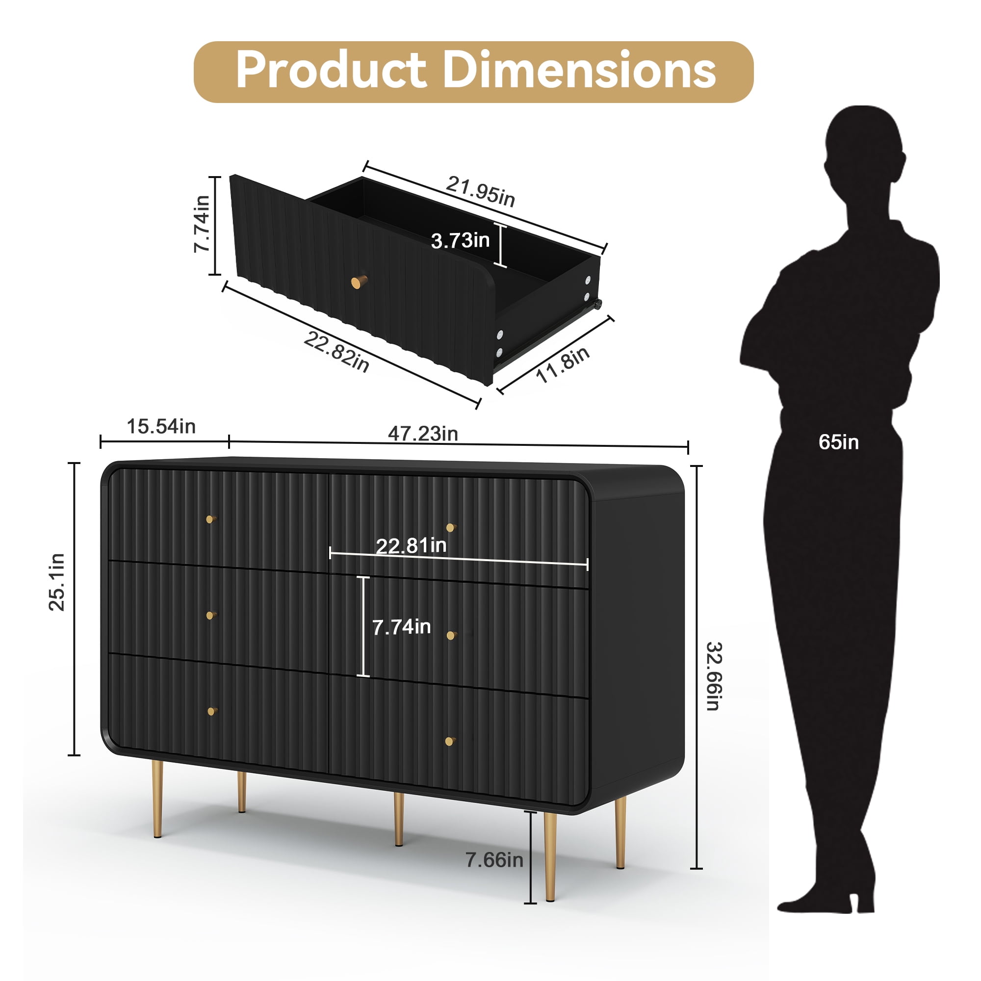 HLR 6 Drawers Dresser for Bedroom, 54'' W Modern Fluted Storage Chest of Drawers for Hallway, Black