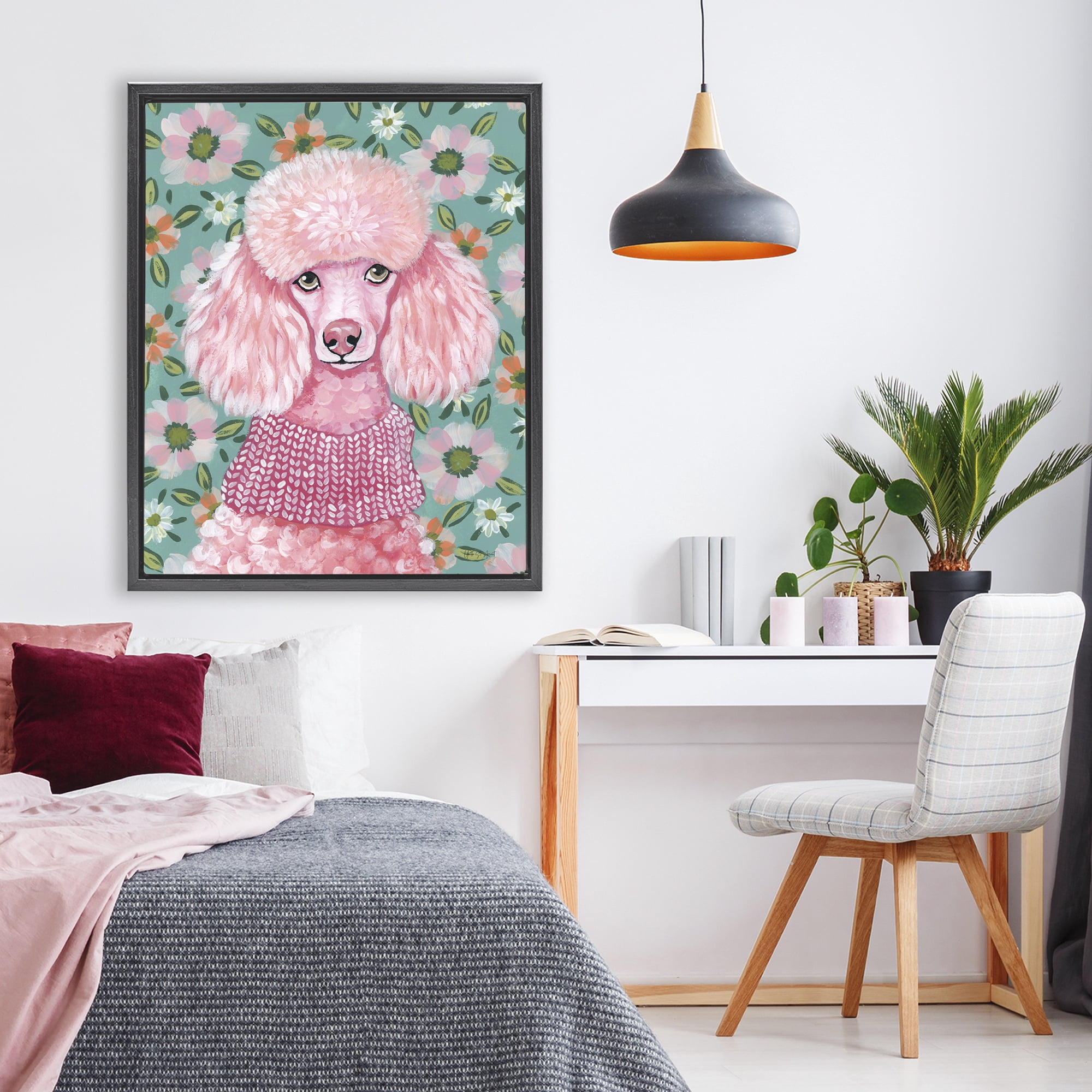 Stupell Industries Floral Poodle In Pink Black Framed Floater Canvas Wall Art, design by Yvette St. Amant