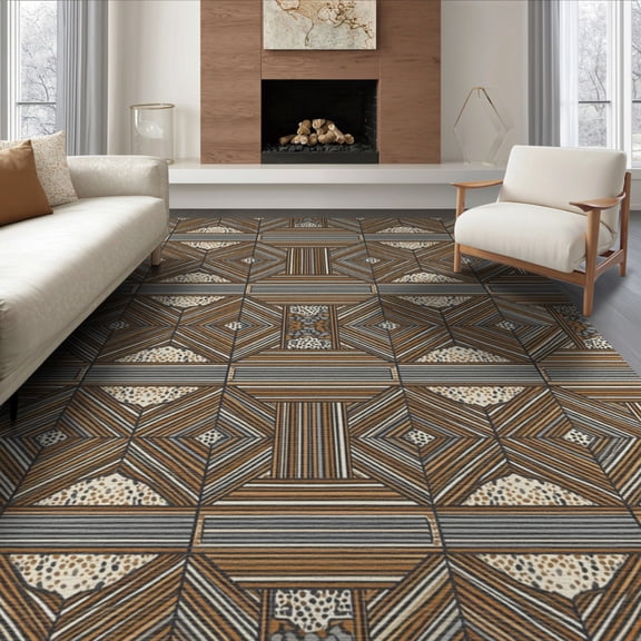 ODIKA 8'x10' Washable Area Rug Durable, Non-Slip Patchwork Inspired Block Layout Symmetrical Decorative Round for Living Room, Under Sectional, Family