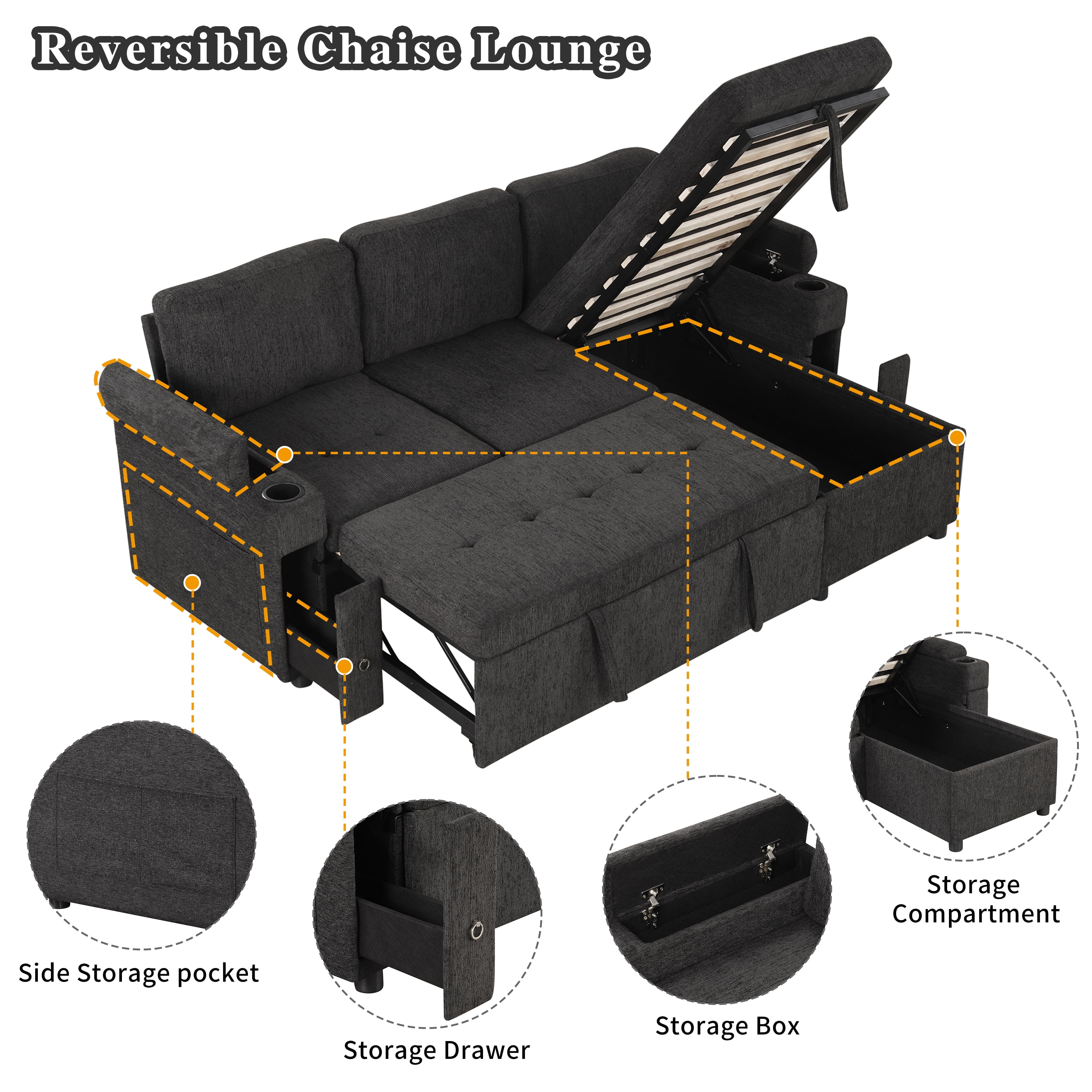 83.5" L-shaped Sofa Couch Convertible Sofa Bed Sectional Sofa with Ample Storage Space, Two Cup Holders and Two USB Ports for Living Room, Black