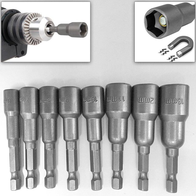 16Pcs 1/4 Inch Hex Magnetic Nut Driver Socket Set Metric Impact Drill Bits 6 to 13mm Adapter
