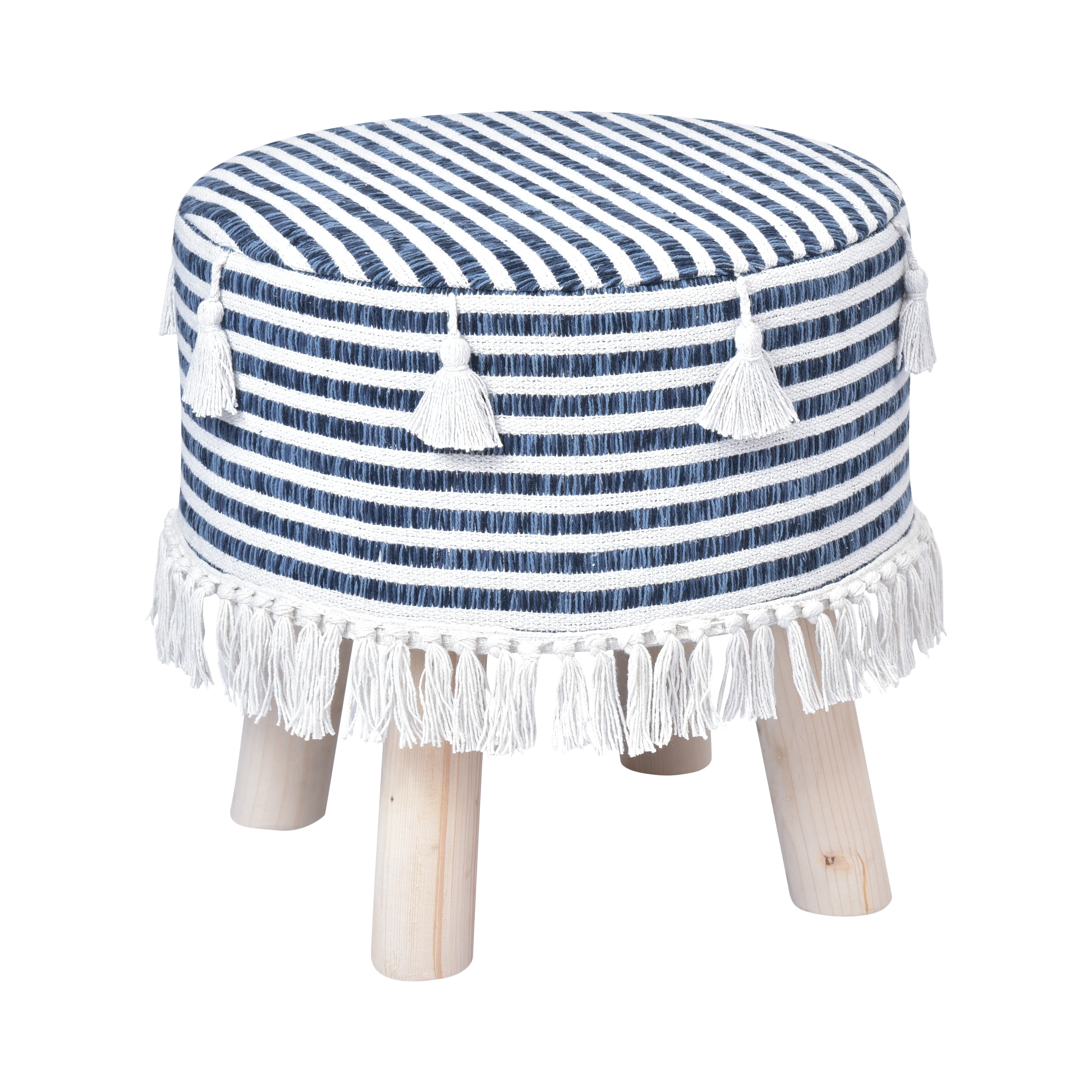 Ox Bay Alder Handmade Blue/White Striped Organic Cotton Stool, 16" x 16"