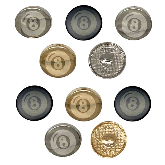 8 Eight Ball Billiards Pool Set of 10 Metal 0.6" (15mm) Sewing Shank Round Buttons - Silver Color