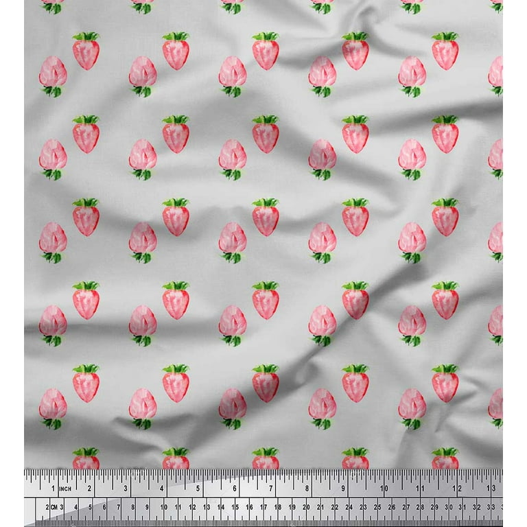 Soimoi Gray Japan Crepe Satin Fabric Strawberry Fruit Print Fabric by Yard  44 Inch Wide 
