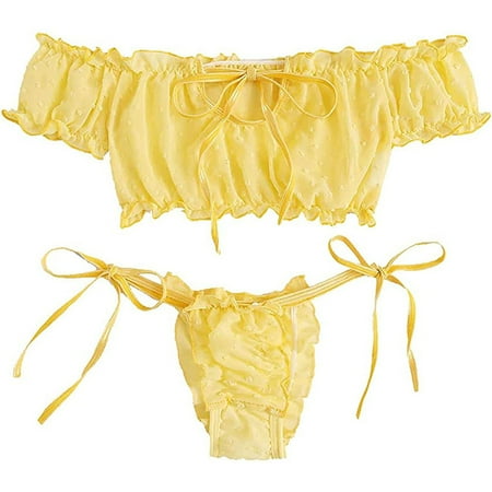 

Womens Bra and Tong Lingerie Set Two Piece Tie Ruffle Trim Dobby Mesh Homewear