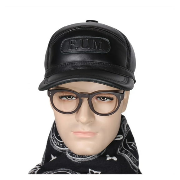 Outdoor Men Winter Fur Warm Genuine Leather Sheepskin Head Protection Baseball Caps Black Embossing Adjustable Hat For Man ,Unique Design