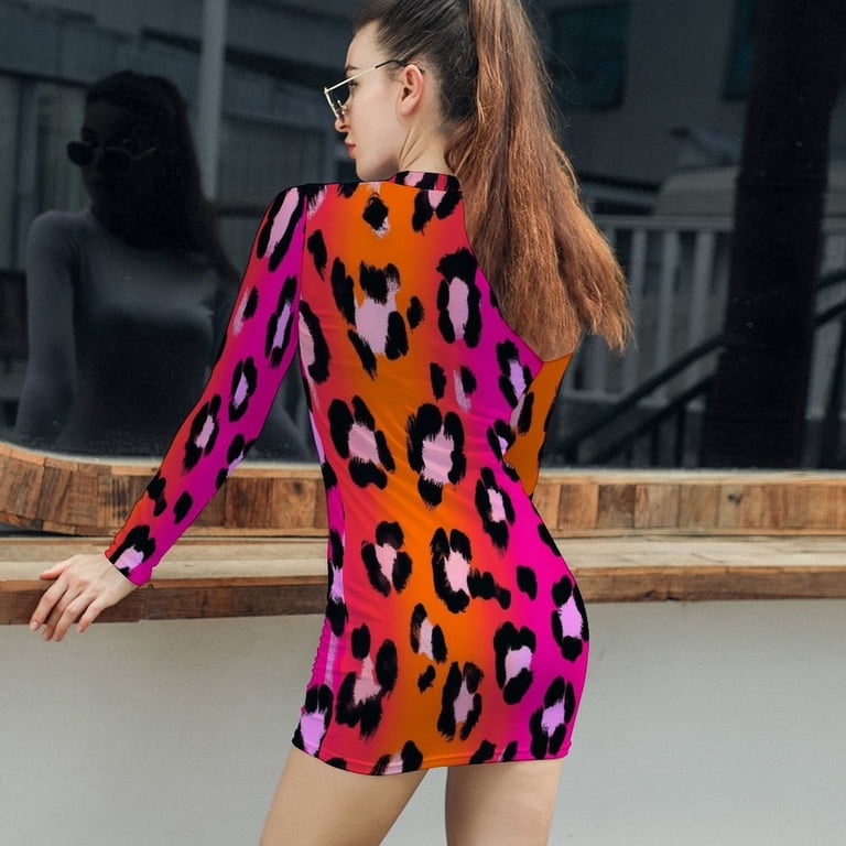 Vibrant Pink Orange Leopard Print Women's Long Sleeve Bodycon Dress Soft  Stretchy For Everyday Wear And Special Occasions - Walmart.com