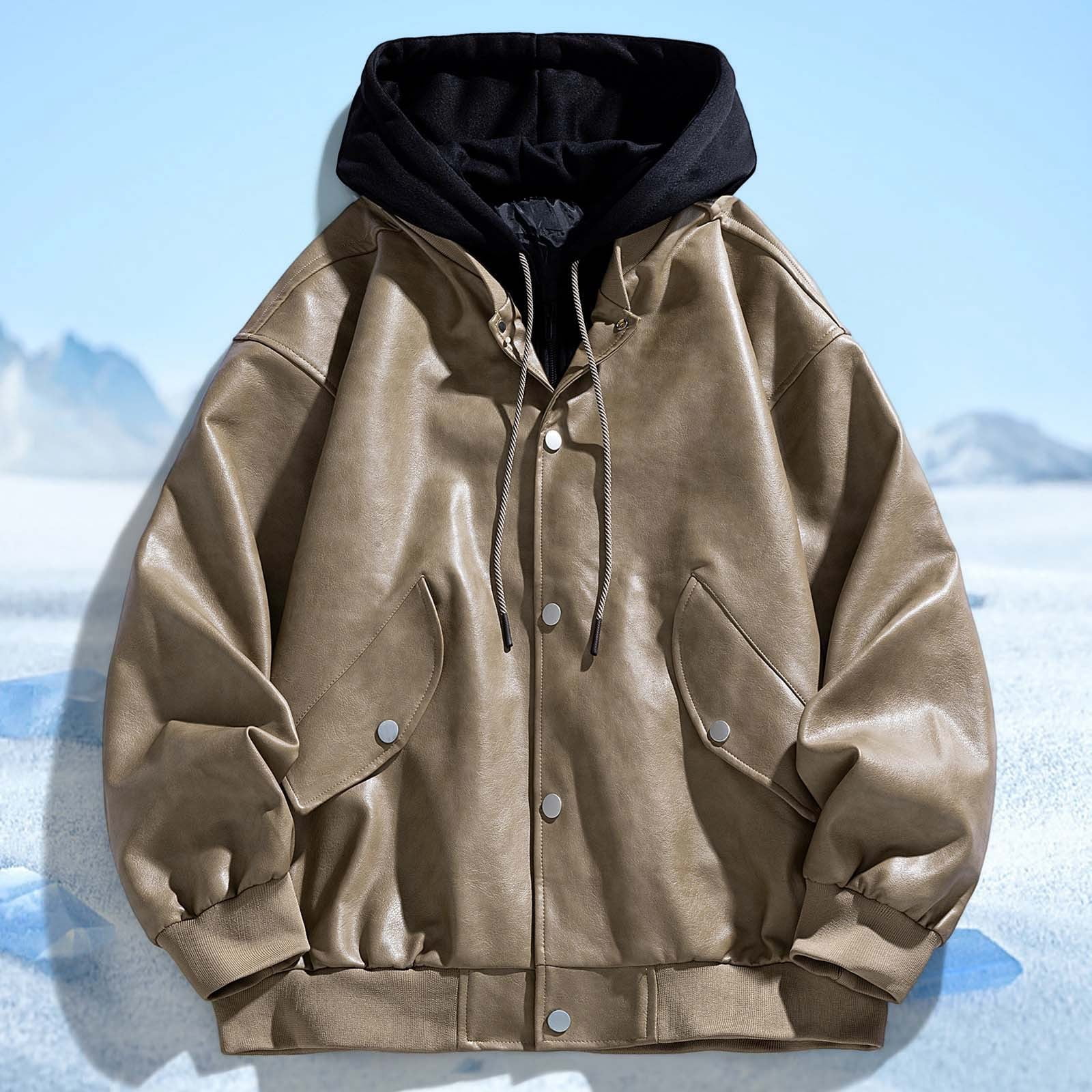 MIXUE Mens Coats And Jackets Autumn Winter Leather Solid Color Hooded Button Down Long Sleeve Slim Fit Casual Coat Streetwear,Brown,XXXL