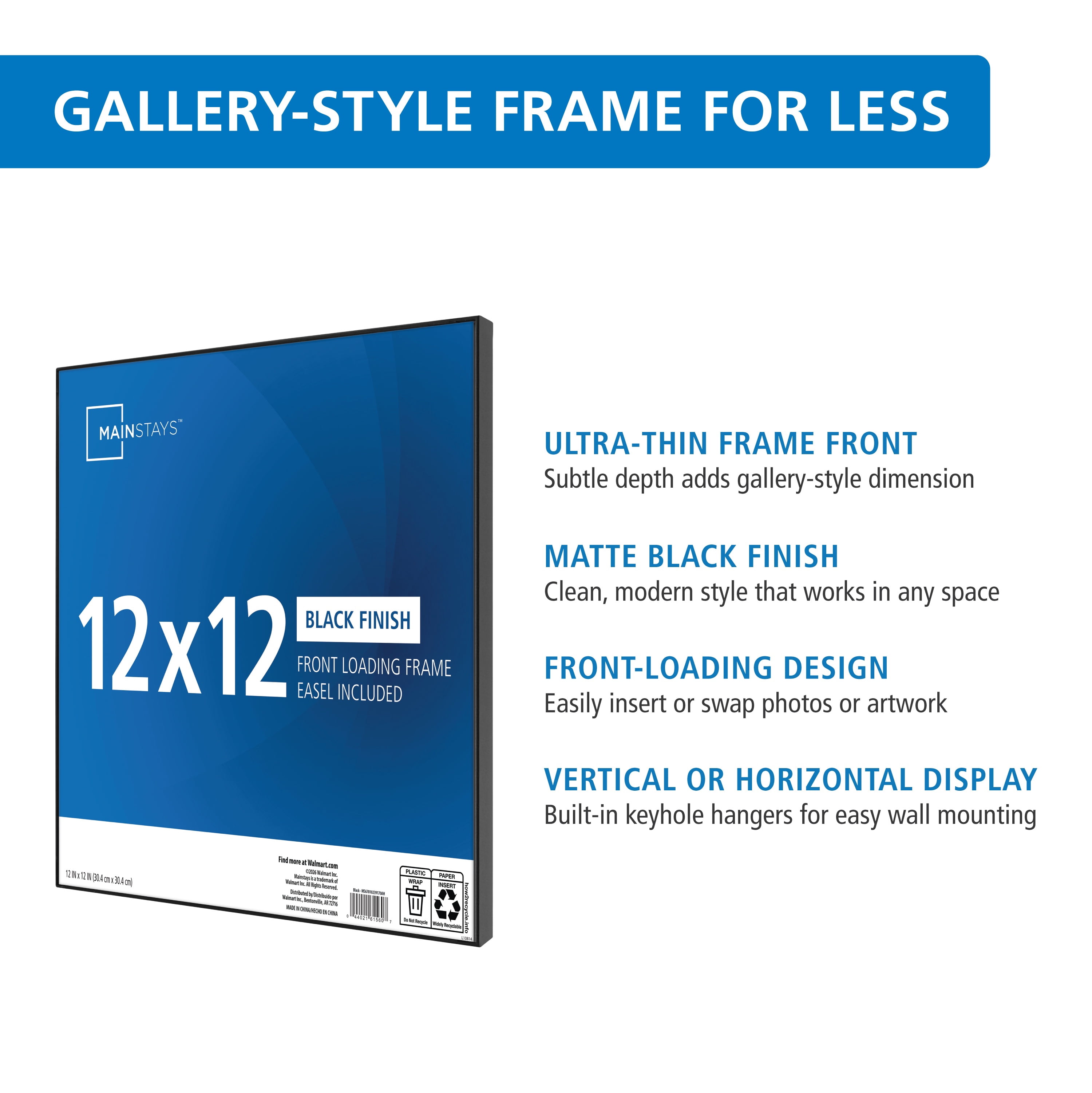 Mainstays 12x12 Picture Frame Black Front Loading Wall or Tabletop Photo Frame
