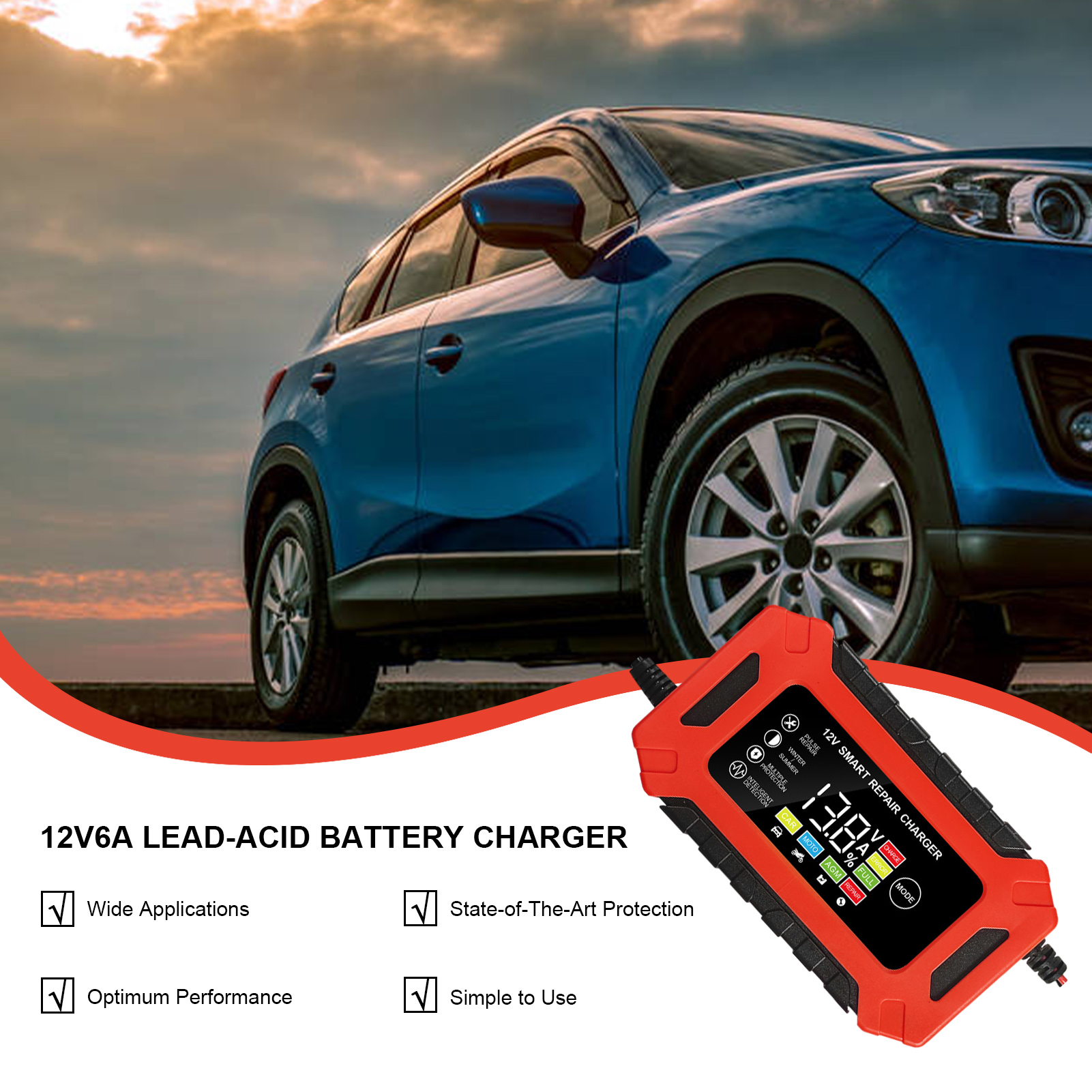 Battery Chargers, 12V Smart Fully Automatic Battery Maintainer, Battery Minder with Temperature Compensation for Motorcycle, Car, Lawn Mower, Boat