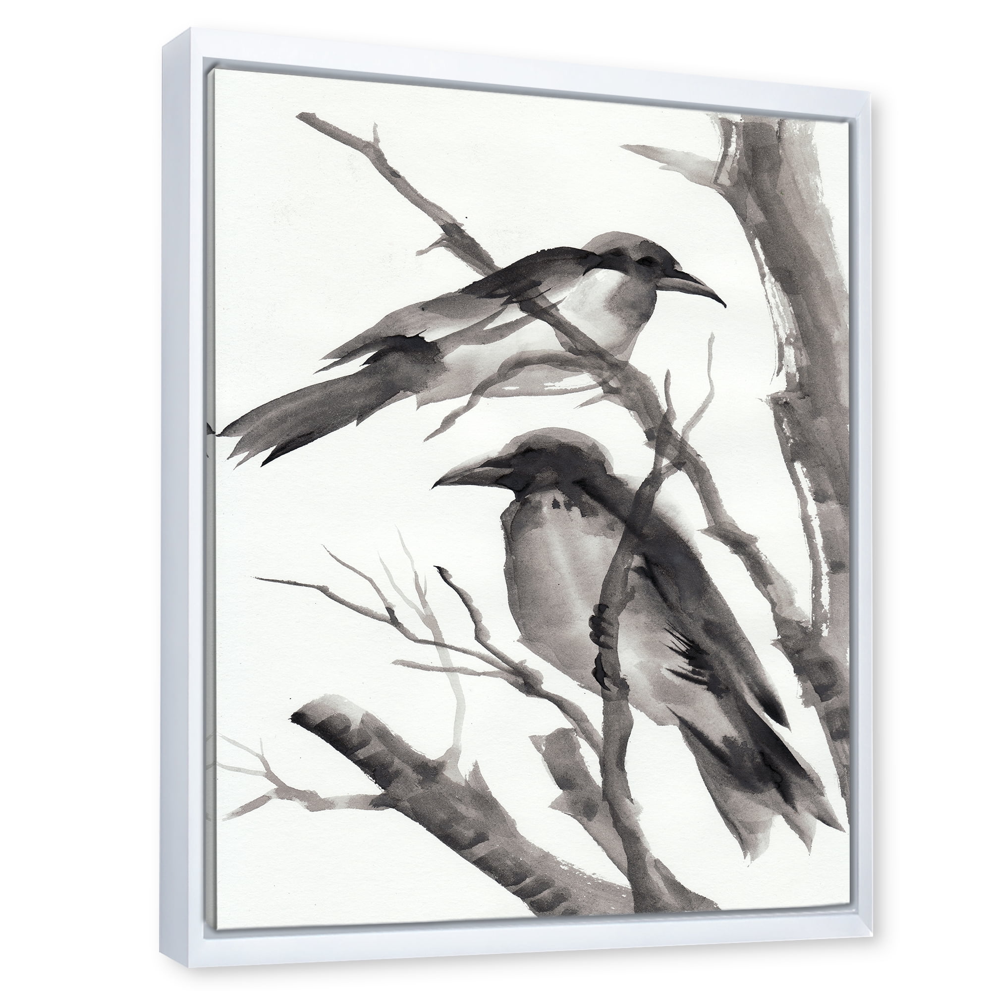 Designart 'Vintage Black and White Sleeping Crows' Traditional Framed Canvas Wall Art Print