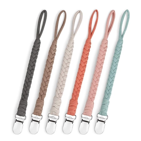 TUWAFE Pacifier Clip for Boys and Girls, Handmade Braided Cotton Baby Pacifier Holder Leash Smoother Clip Fits All Pacifiers Modern Unisex Baby Shower Set 6 Pack